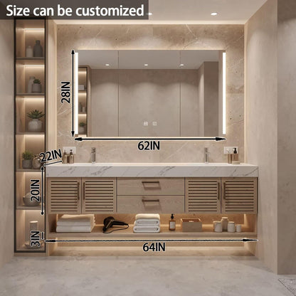 60”-84”Double Floating Vanity, Light Wood Cabinet with LED Marble Top & Shutter Doors