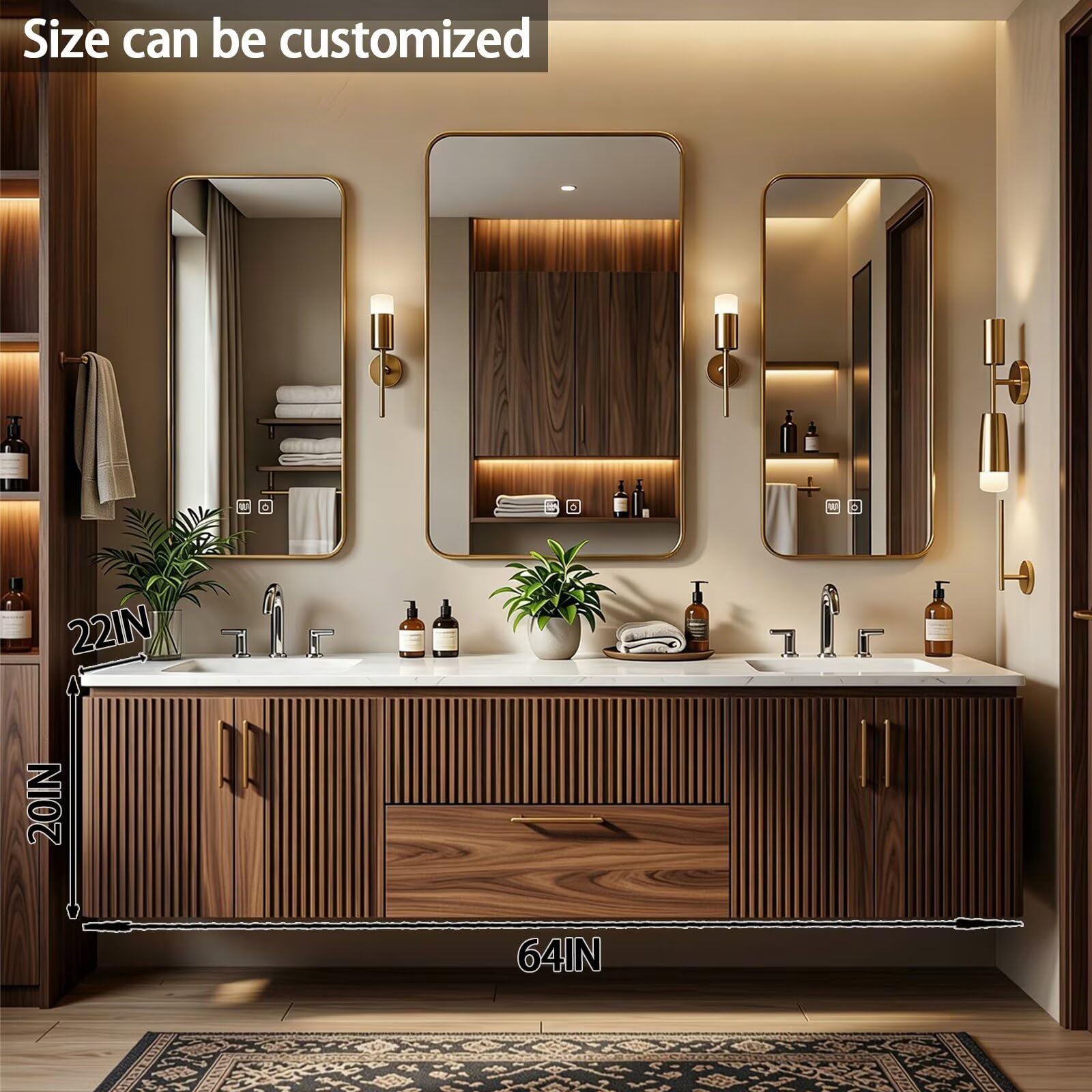 60”-84”Double Sink Floating Bathroom Vanity with Gold Mirrors, Walnut Fluted Wood Cabinet