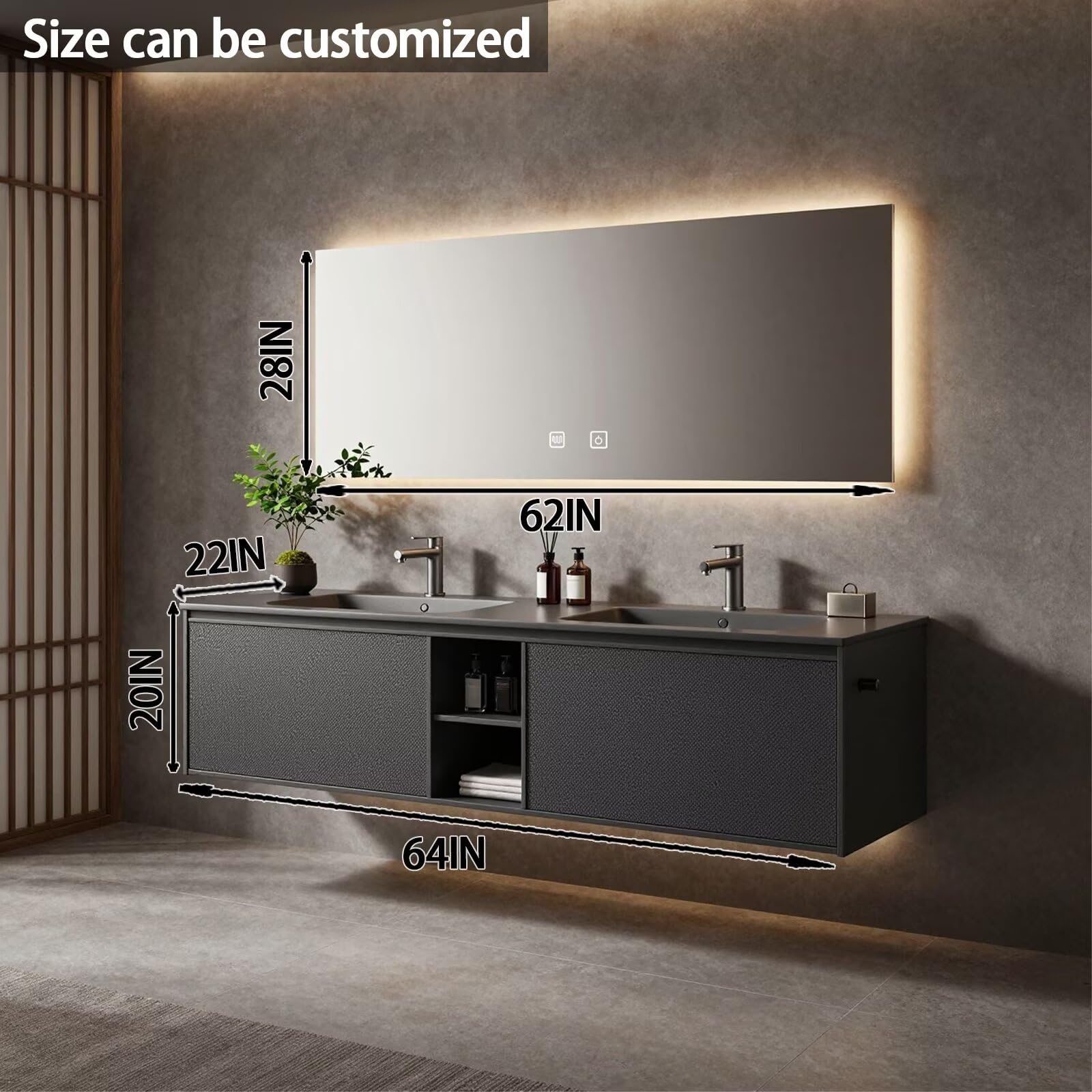 60”-84”Double Sink Floating Bathroom Vanity with LED Backlit Mirror, Dark Gray Textured Cabinet