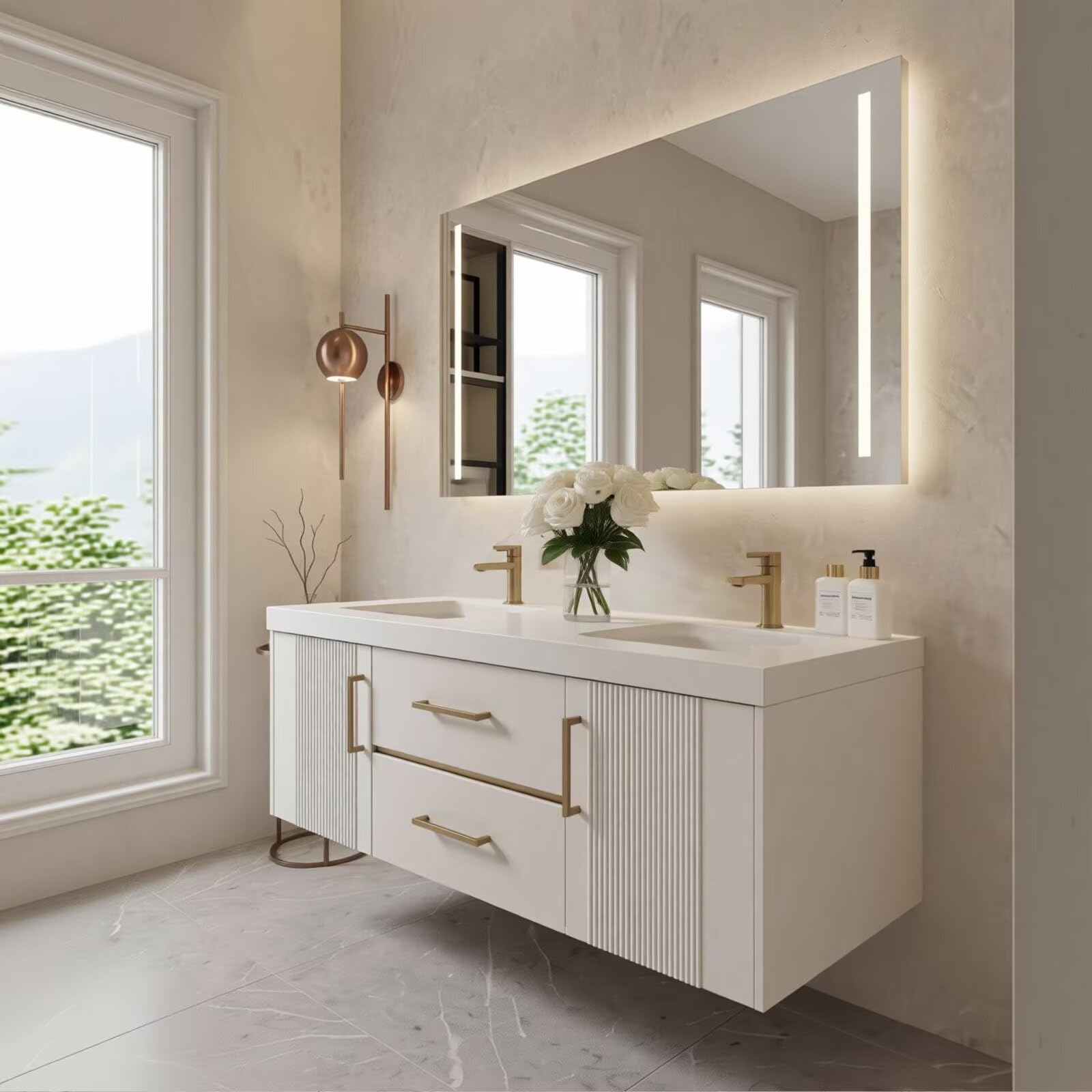60”-96”White Floating Bathroom Vanity with Double Sinks & LED Lighted Mirror
