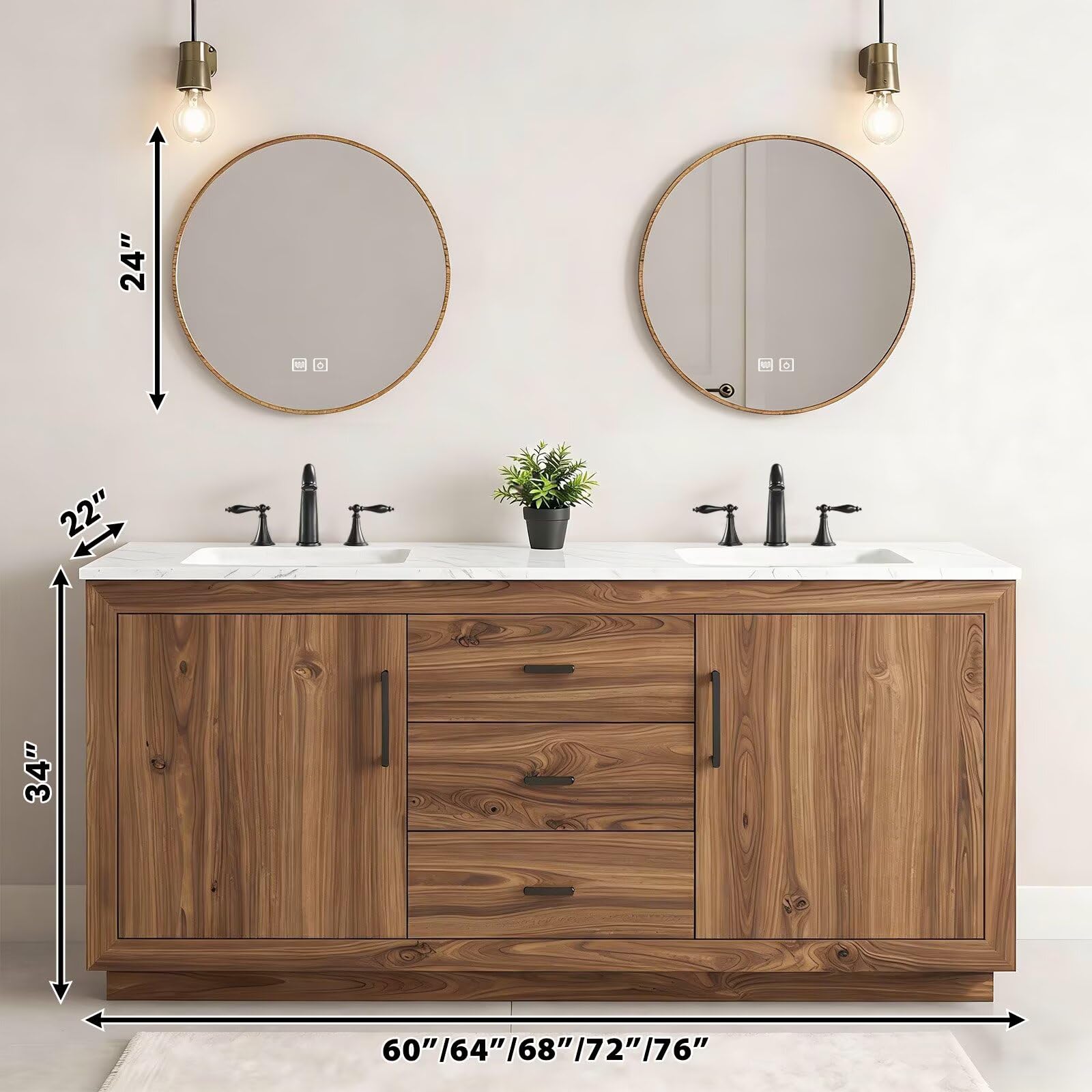 60”-84”Double Sink Freestanding Bathroom Vanity with 2 Round LED Mirrors, Walnut Wood Vanity with Marble Top & Black Hardware