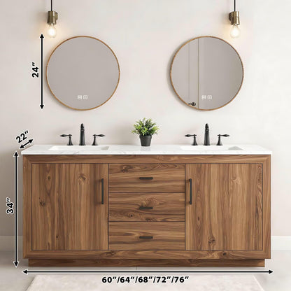 60”-84”Double Sink Freestanding Bathroom Vanity with 2 Round LED Mirrors, Walnut Wood Vanity with Marble Top & Black Hardware