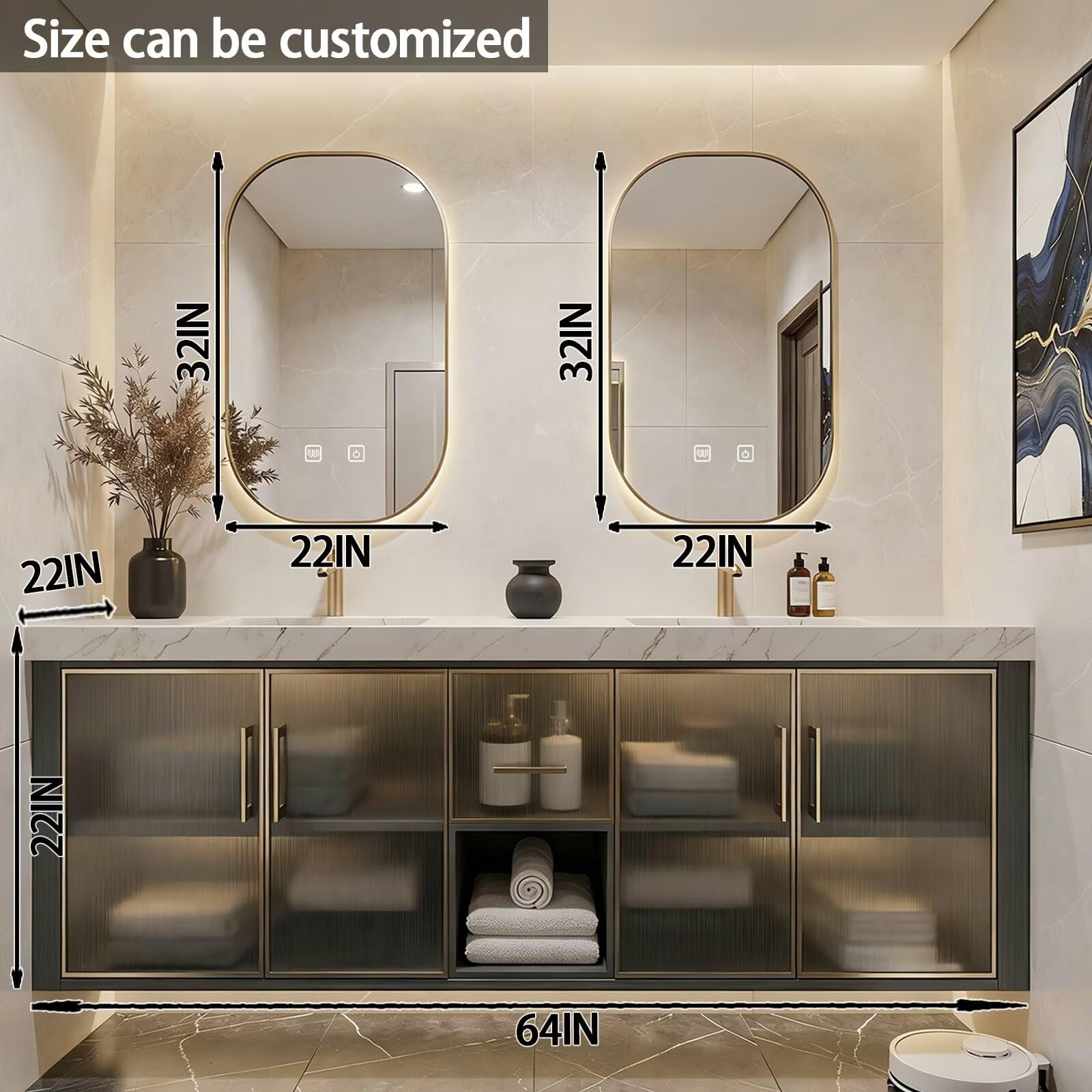 60"-84"Modern Floating Bathroom Vanity Set with Marble Top & Glass Cabinets
