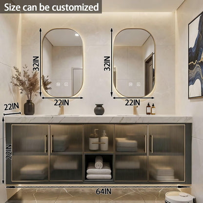 60"-84"Modern Floating Bathroom Vanity Set with Marble Top & Glass Cabinets