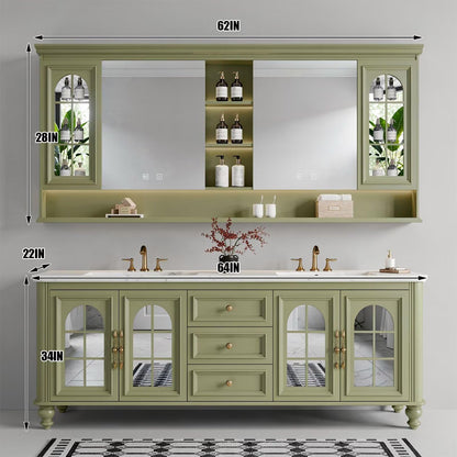60”-96”Traditional Sage Green Bathroom Vanity with Double Sinks & Glass Door Storage