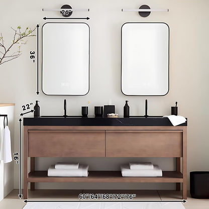 60”-84”Double Sink Freestanding Bathroom Vanity, Light Oak Cabinet with Black Marble Top
