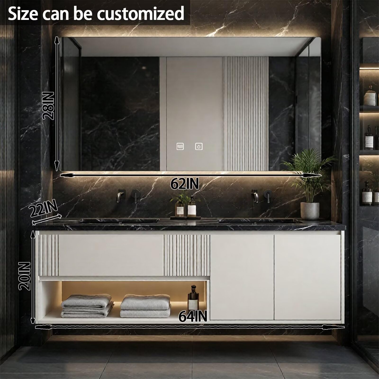 60”-84”Double Sink Floating Bathroom Vanity with LED Backlit Mirror, Off-White Fluted Cabinet