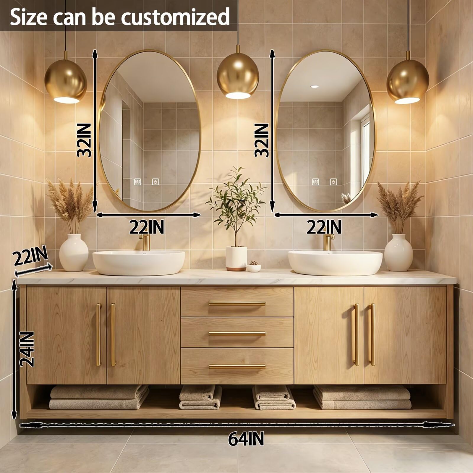 60”-84”Double Sink Floating Bathroom Vanity with Gold Oval Mirrors, Light Wood Cabinet & Gold Hardware