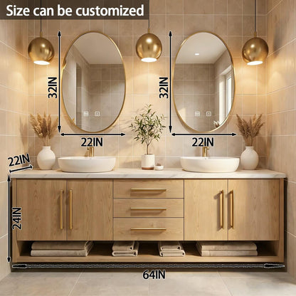 60”-84”Double Sink Floating Bathroom Vanity with Gold Oval Mirrors, Light Wood Cabinet & Gold Hardware