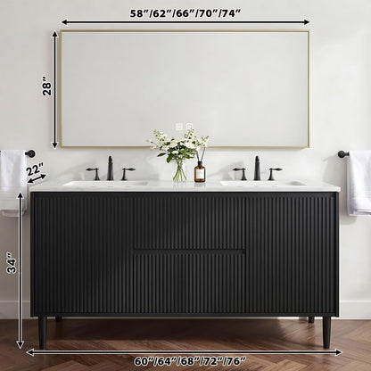 60”-84”Double Sink Freestanding Bathroom Vanity, Black Fluted Panel Vanity with White Marble Top & Gold Trim Mirror