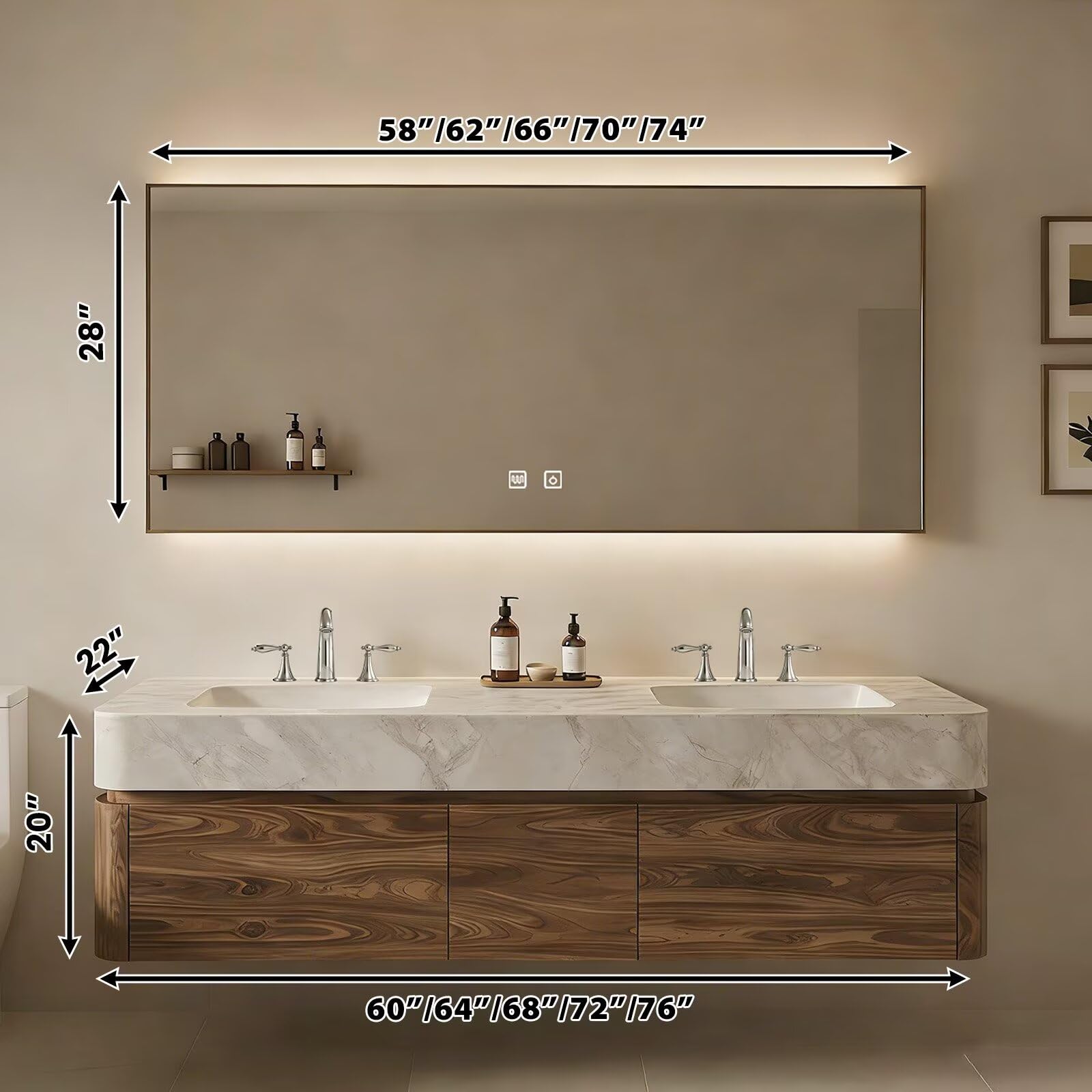 60”-84”Wall Mounted Double Sink Bathroom Vanity with LED Mirror, Wood Floating Cabinet with Marble Stone Top, Modern Minimalist