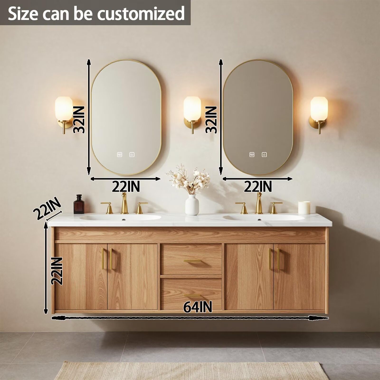 60"-84"Floating Oak Bathroom Vanity with Double Sinks & LED Oval Mirrors
