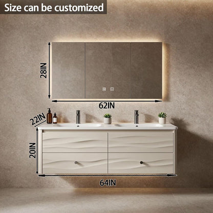 60”-84”Double Sink Floating Bathroom Vanity with LED Mirror Cabinet, White Textured Cabinet