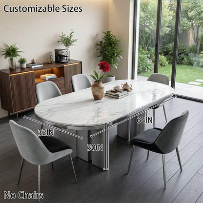 56"-96"Modern Oval White Marble Dining Table, Contemporary Table with Sleek Metal Legs