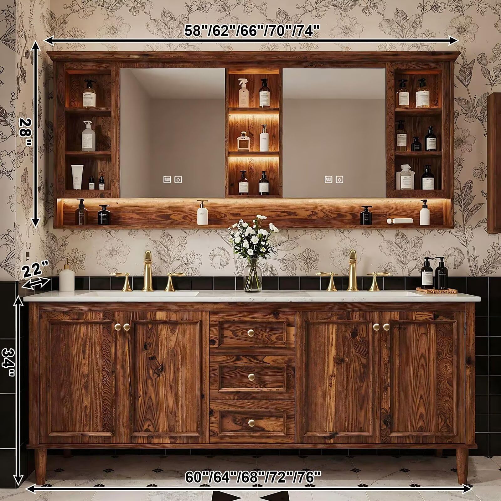 60”-96” Double Sink Freestanding Bathroom Vanity with LED Mirror Cabinet, Solid Wood Vanity with Storage Drawers & Doors