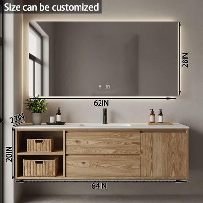 40"-64"Floating Oak Bathroom Vanity with Open Shelf & LED Backlit Mirror Cabinet