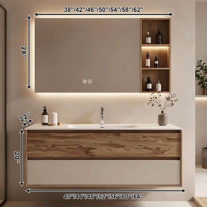 40”-64”Floating Bathroom Vanity with LED Backlit Mirror & Open Shelf, Walnut Wood Wall Mounted Vanity with White Top