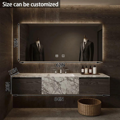 52”-72”Single Sink Floating Bathroom Vanity with LED Backlit Mirror, Dark Marble & Wood Cabinet