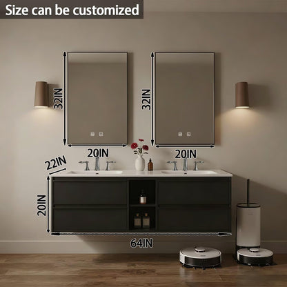 60"-84"Floating Black Bathroom Vanity with Open Shelf & Dual LED Mirrors