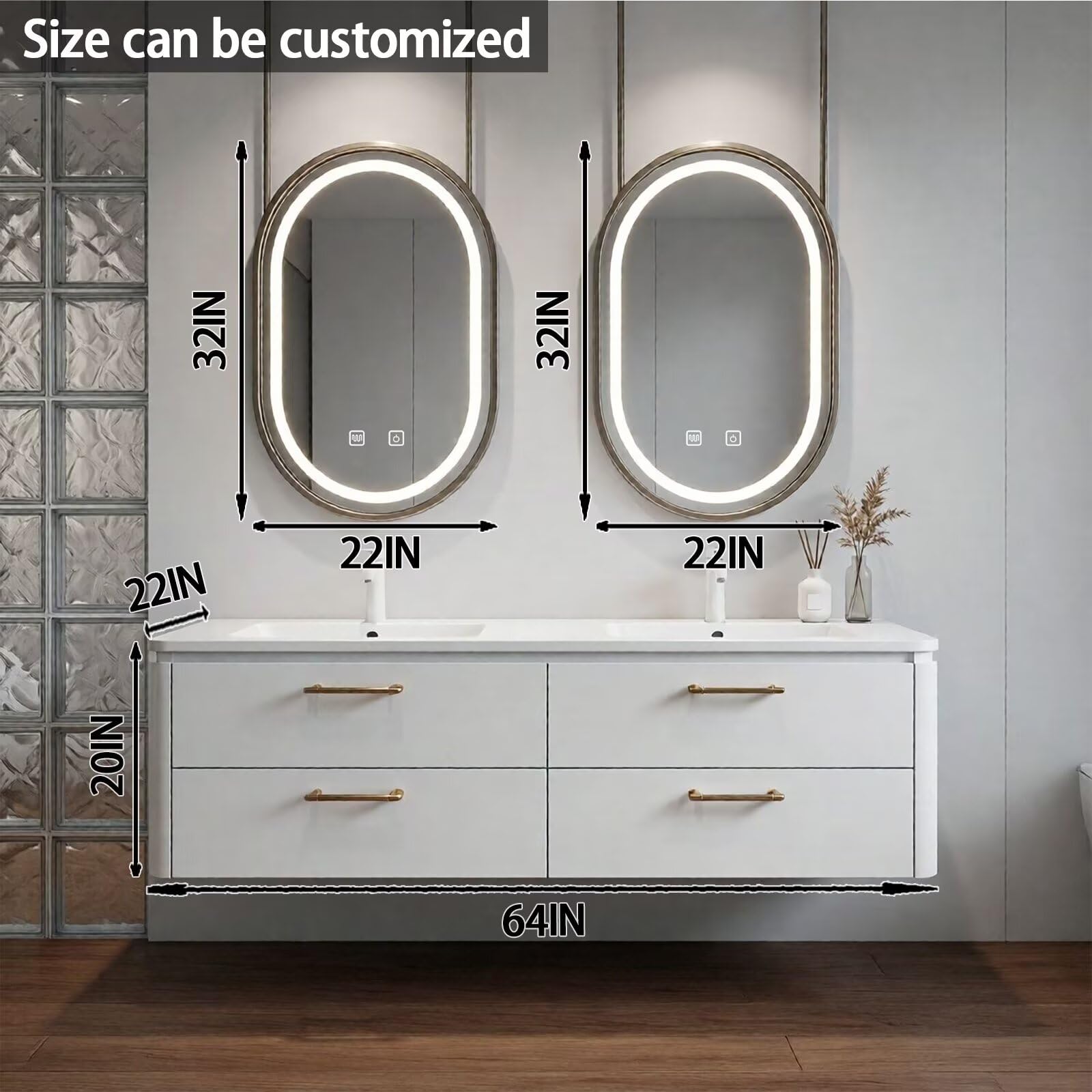 60”-84”Double Sink Floating Bathroom Vanity with LED Oval Mirrors, White Cabinet & Gold Hardware