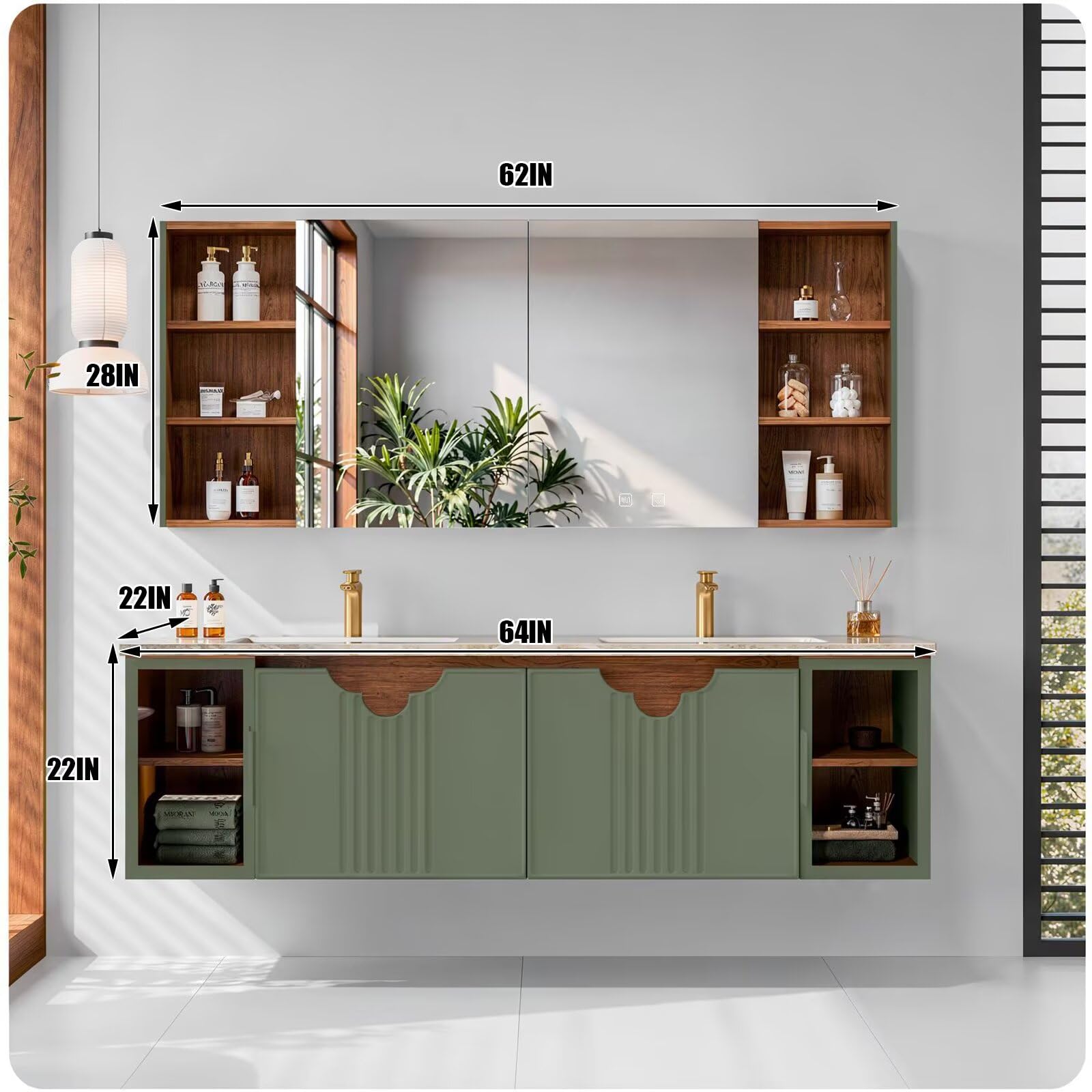 60"-96"Sage Green Floating Bathroom Vanity with Double Sinks & Matching Medicine Cabinet