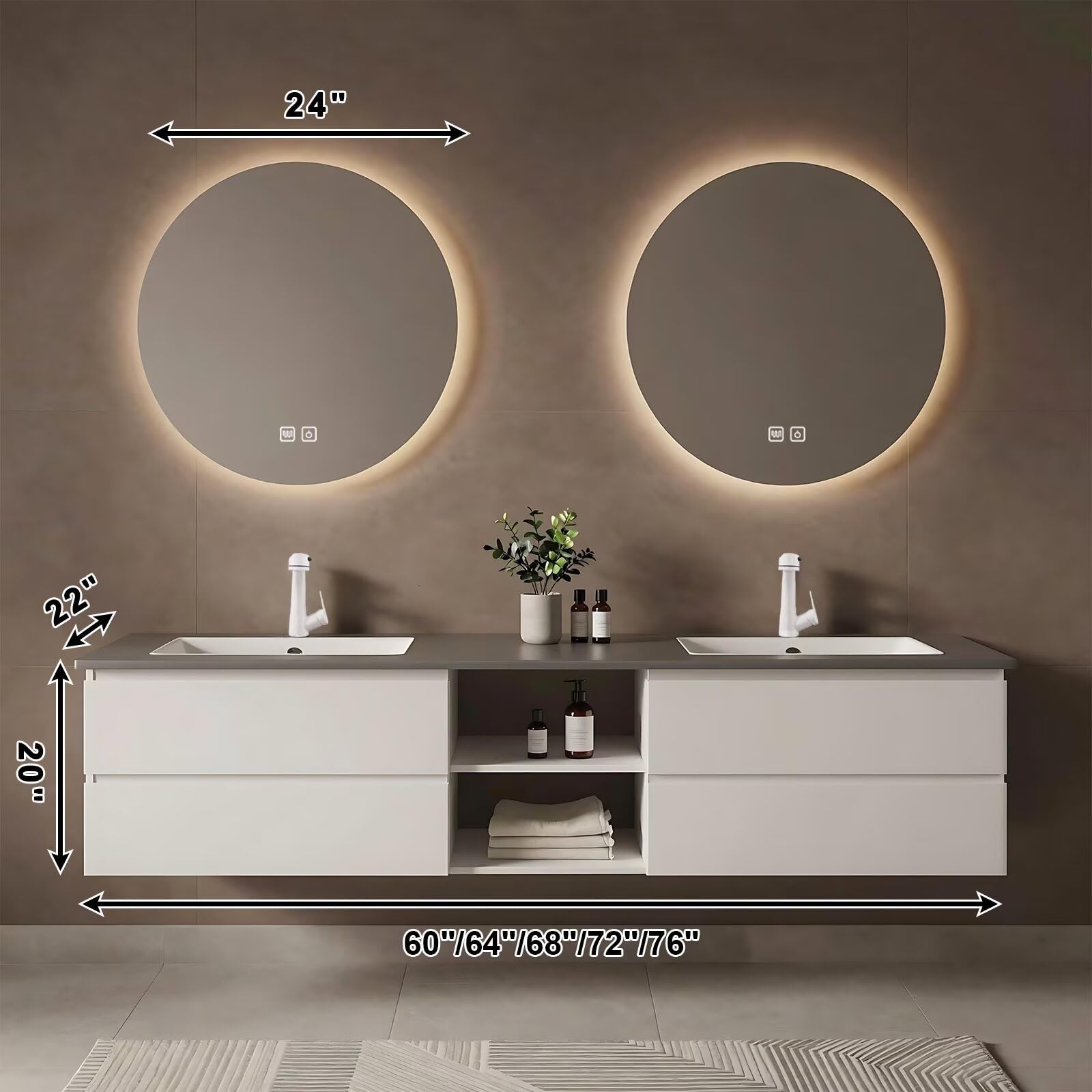 60”-84”Double Sink Floating Bathroom Vanity with 2 Round LED Mirrors, White Wall Mounted Vanity with Open Storage Shelf