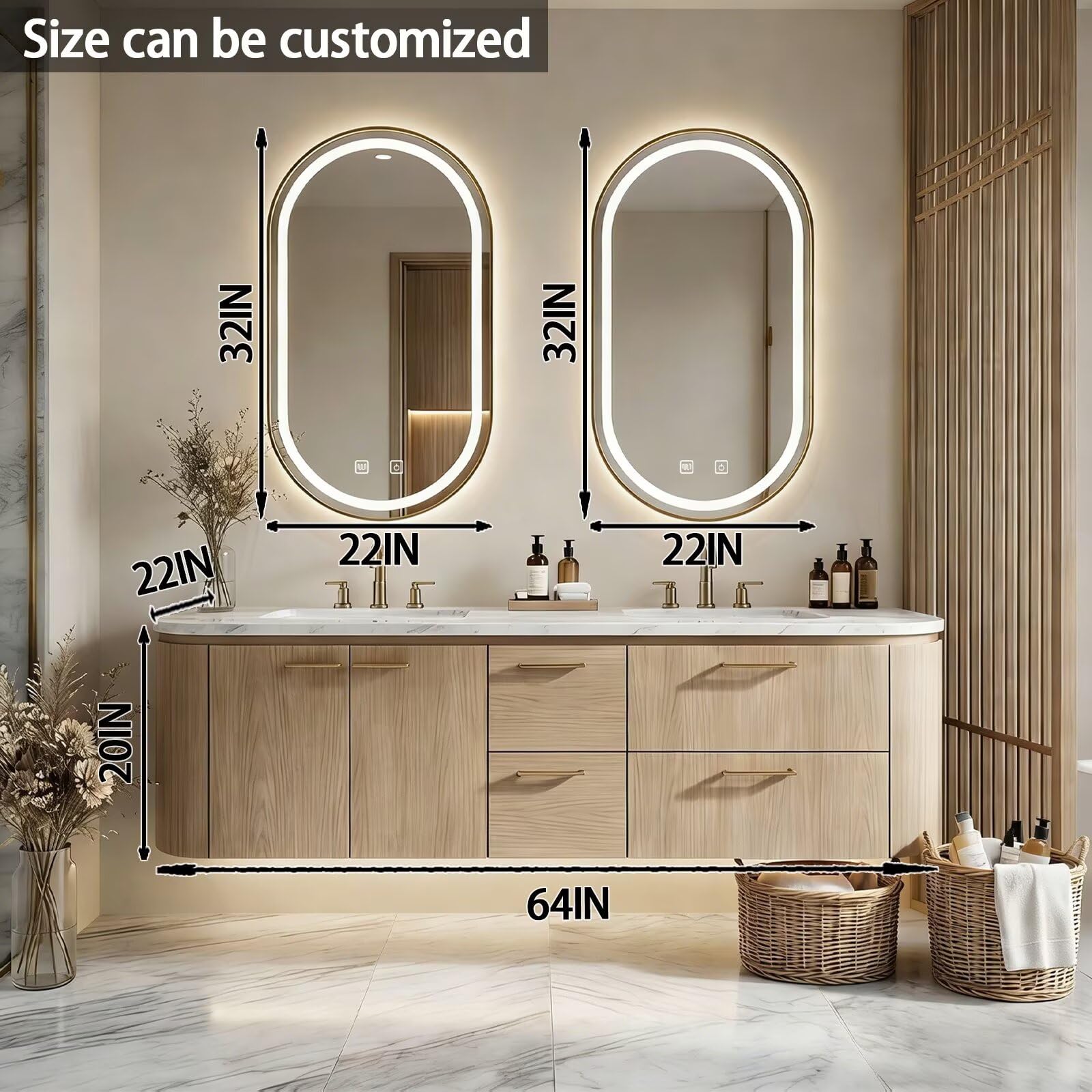 60"-84"Floating Oak Bathroom Vanity with Double Sinks & LED Oval Mirrors