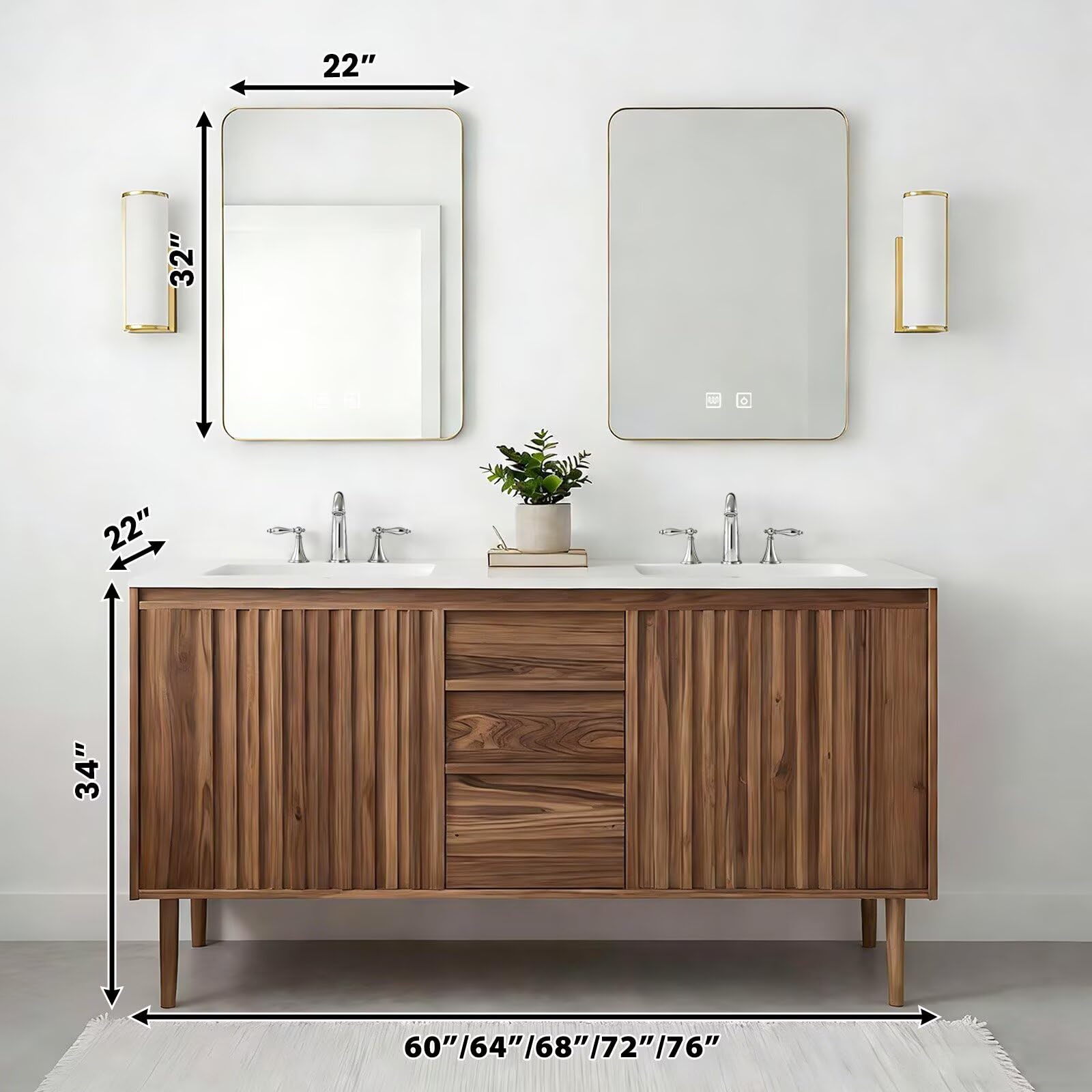 60”-84”Double Sink Freestanding Bathroom Vanity with 2 LED Mirrors, Walnut Wood Vanity with Fluted Panels & White Marble Top