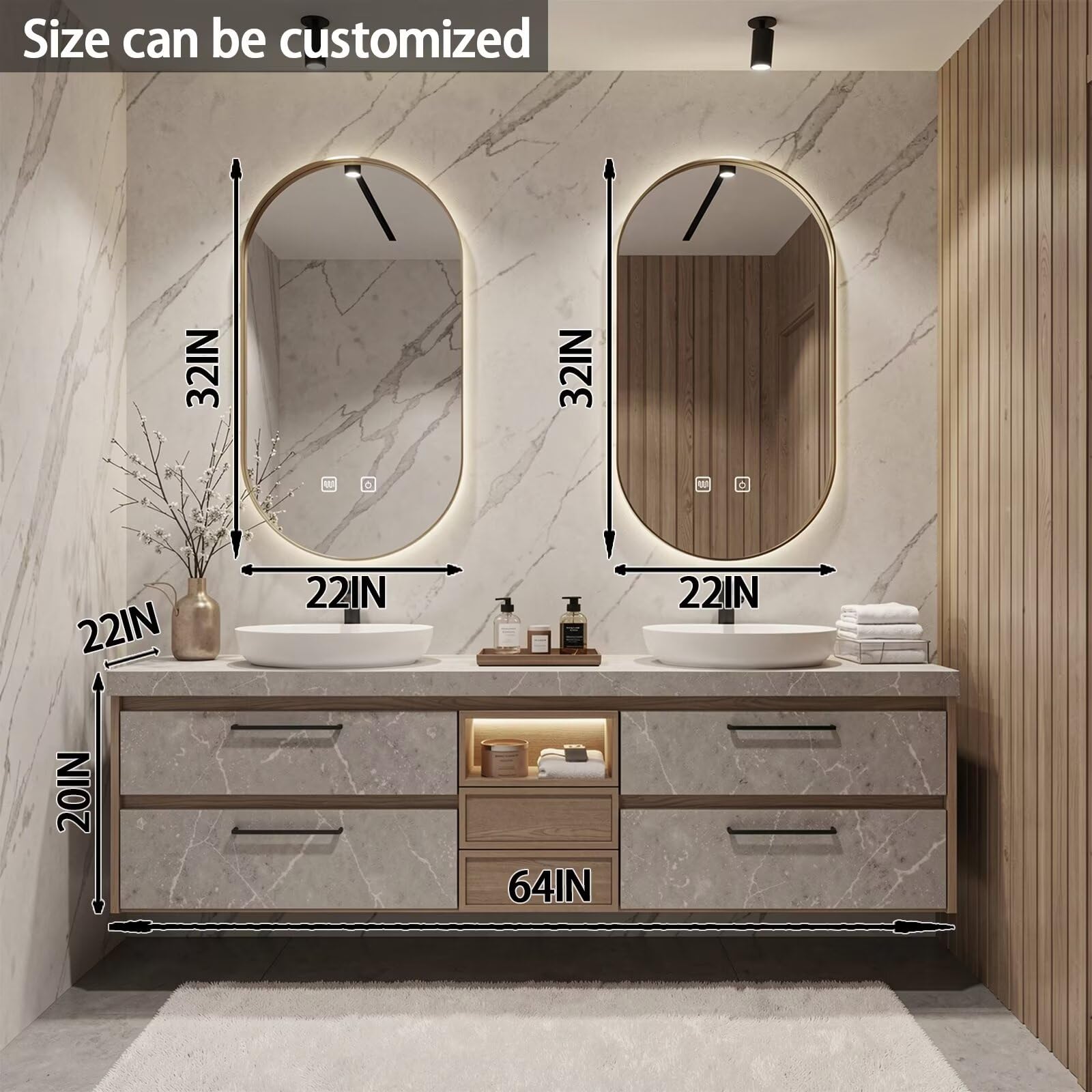 60"-84"Light Wood Bathroom Vanity with Double Vessel Sinks & Gold Framed LED Mirrors