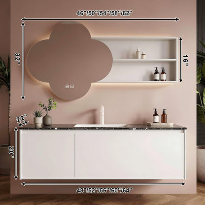 48”-64”Clover Shaped LED Bathroom Mirror with Shelves, Wall Mounted Vanity Mirror with Storage, Modern Lighted Mirror