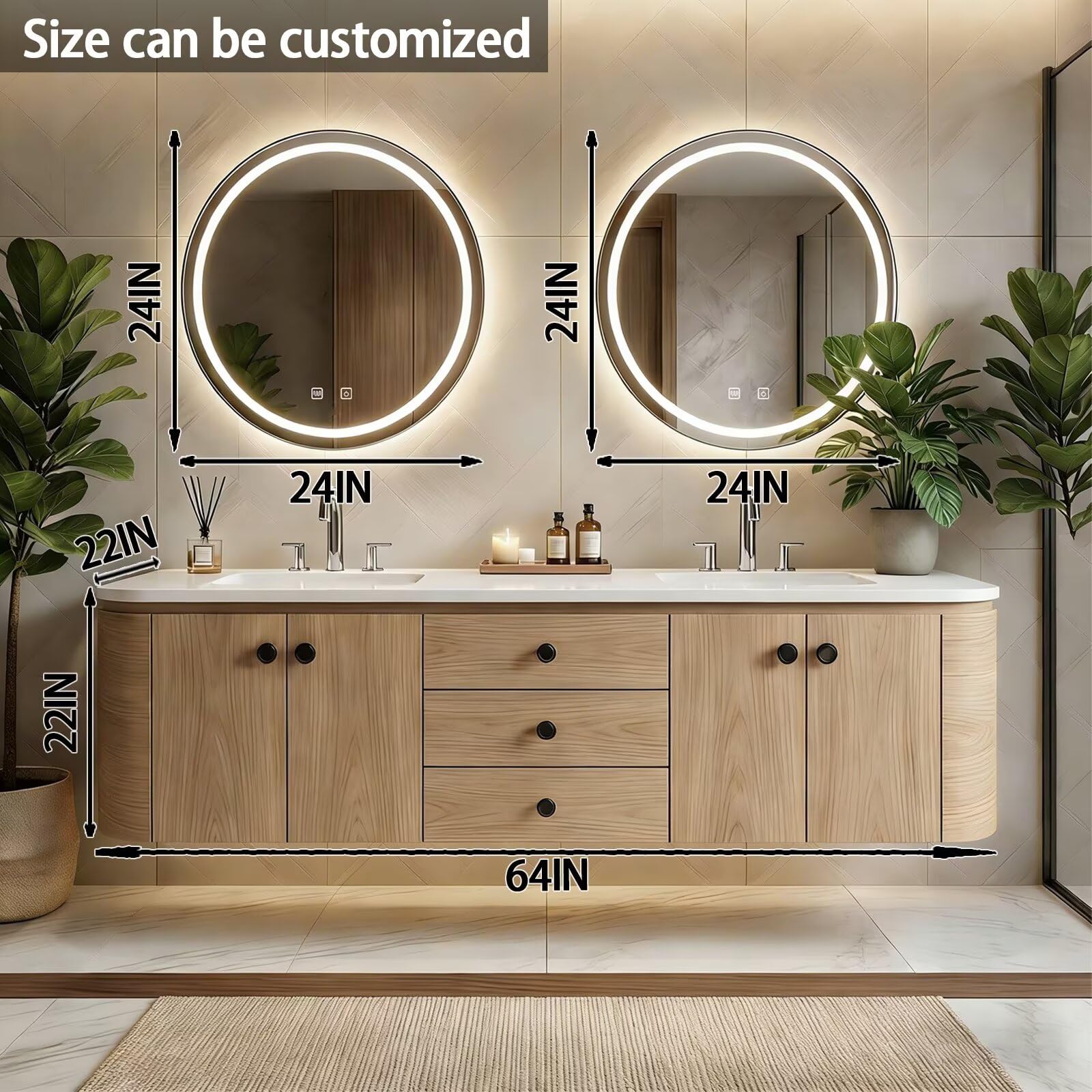 60"-84"Modern Light Oak Floating Bathroom Vanity Set with Black Hardware