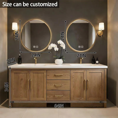 64"-96"Modern Oak Bathroom Vanity Set with Gold Hardware & White Top