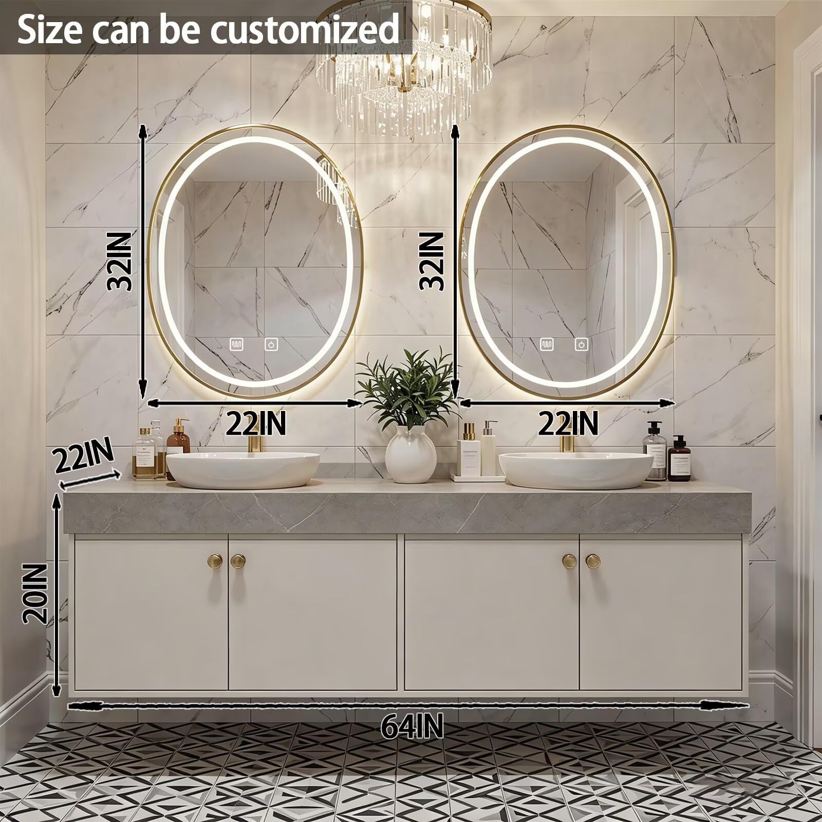 60"-84"Floating Beige Bathroom Vanity with Double Vessel Sinks & LED Round Mirrors