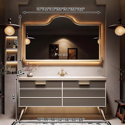 40”-64”Single Sink Freestanding Bathroom Vanity with Ornate LED Mirror, White Fluted Cabinet