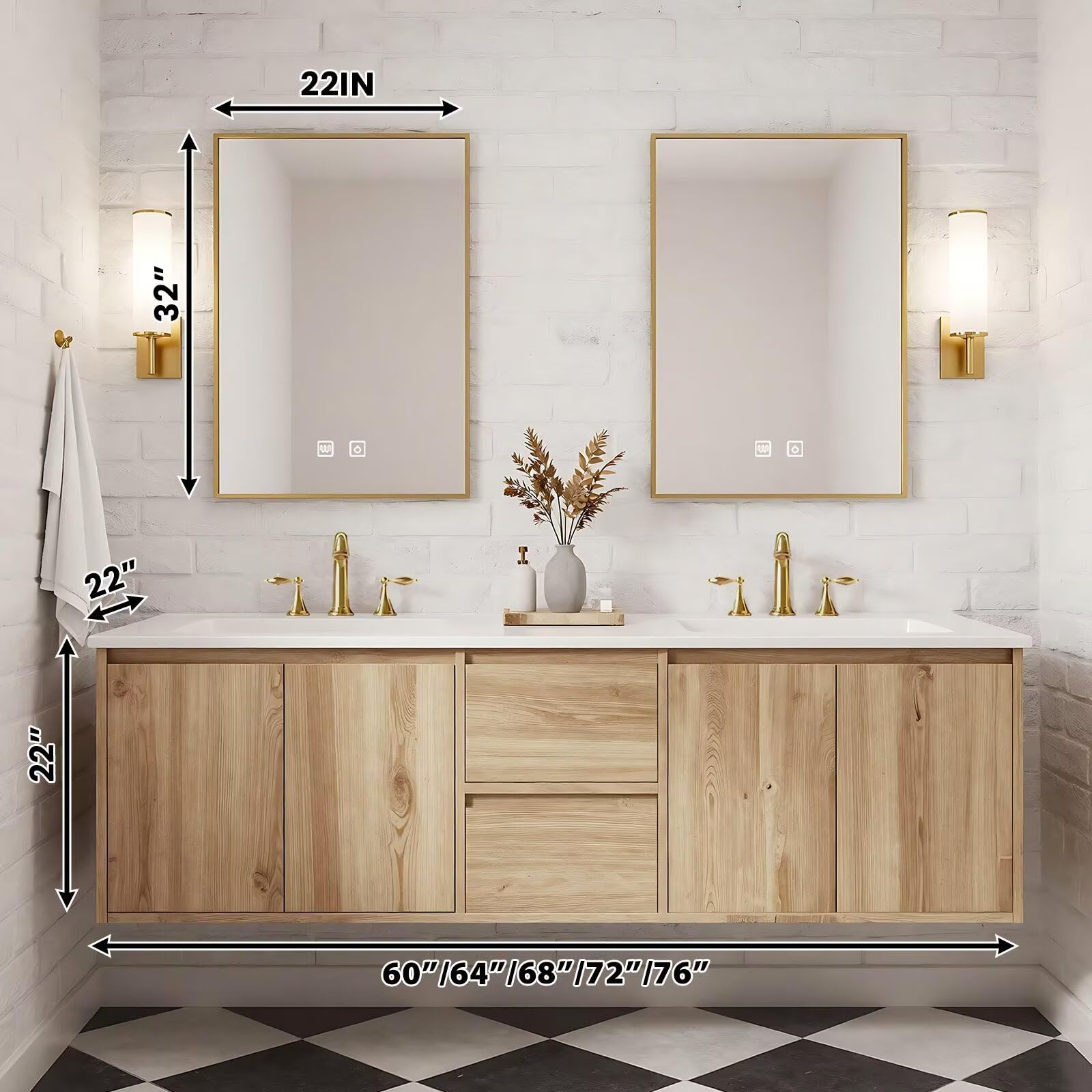 60”-84”Double Sink Floating Bathroom Vanity with 2 Gold LED Mirrors, Light Oak Wall Mounted Vanity with White Top