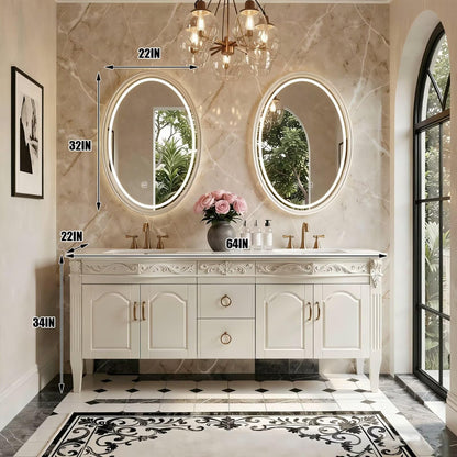 60"-96"White Traditional Bathroom Vanity with Double Sinks & LED Oval Mirrors