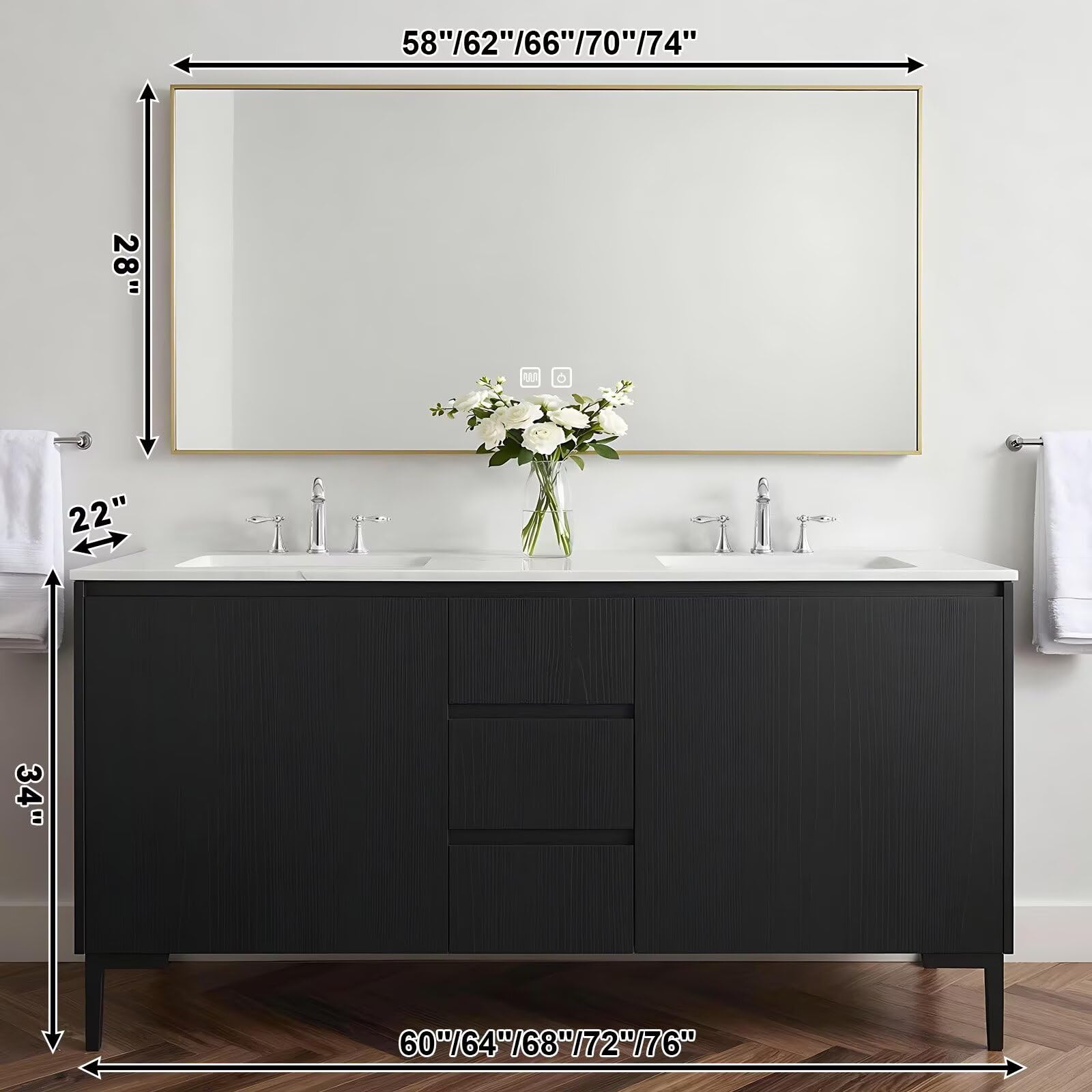 60”-84”Double Sink Bathroom Vanity with Gold Frame Mirror, Freestanding Black Wood Vanity with Storage Drawers & Doors, Modern Bathroom Cabinet