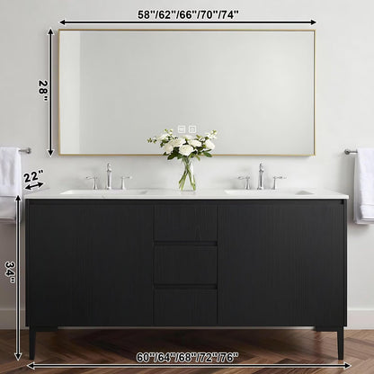 60”-84”Double Sink Bathroom Vanity with Gold Frame Mirror, Freestanding Black Wood Vanity with Storage Drawers & Doors, Modern Bathroom Cabinet