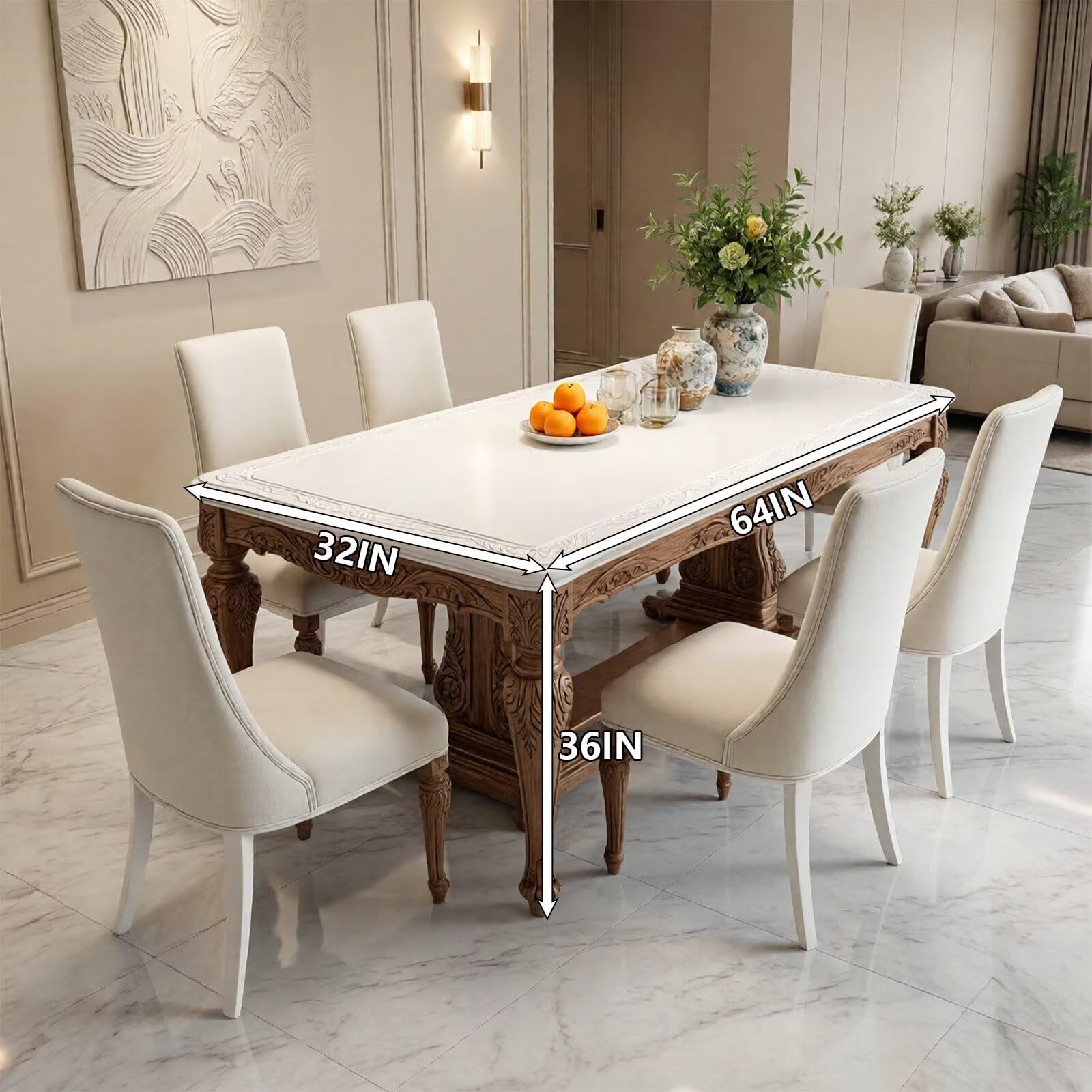 60"-80"Elegant Farmhouse Dining Table with Carved Wood Base & 6 Linen Chairs, for Dining Room
