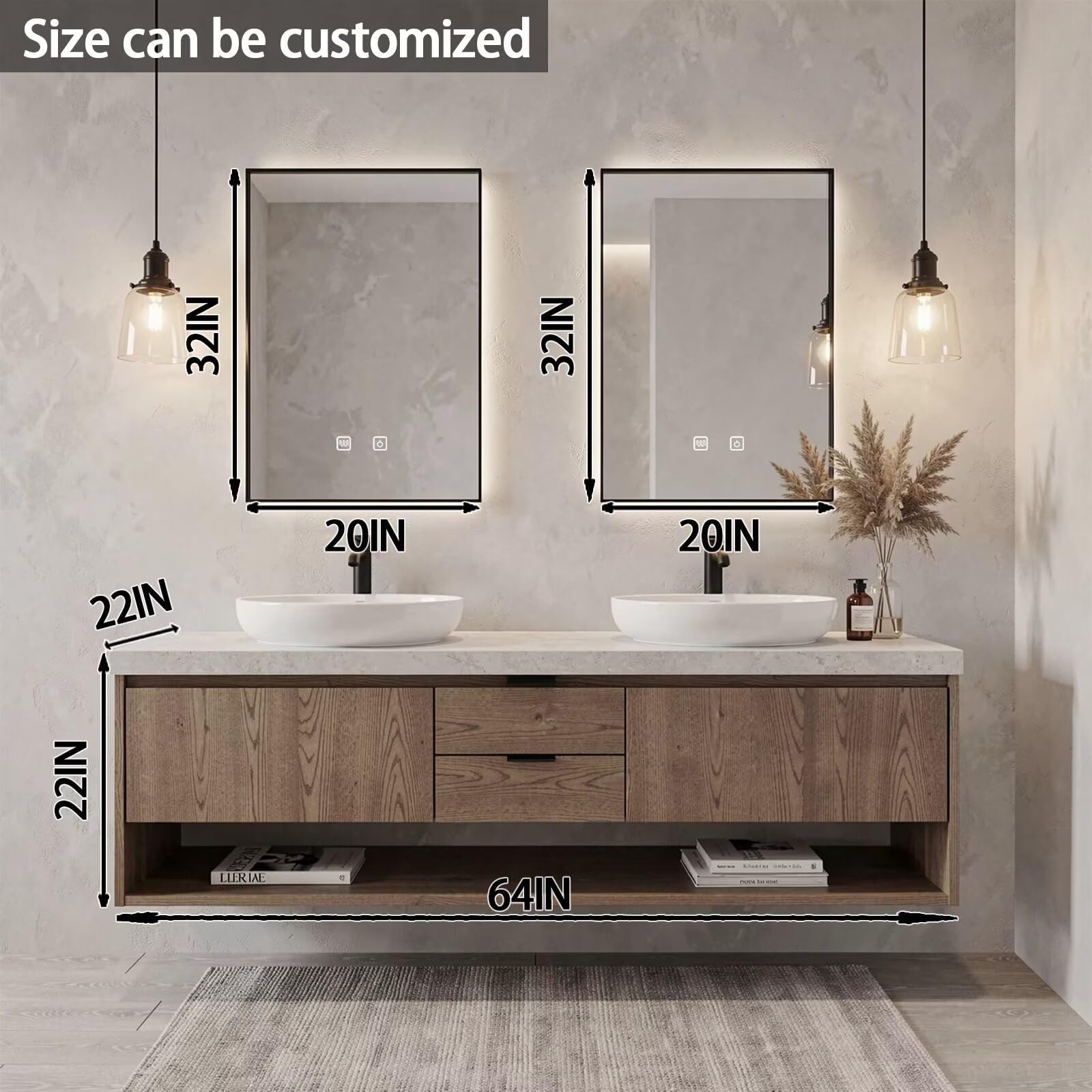 60"-84"Rustic Floating Bathroom Vanity with Double Vessel Sinks & LED Backlit Mirrors