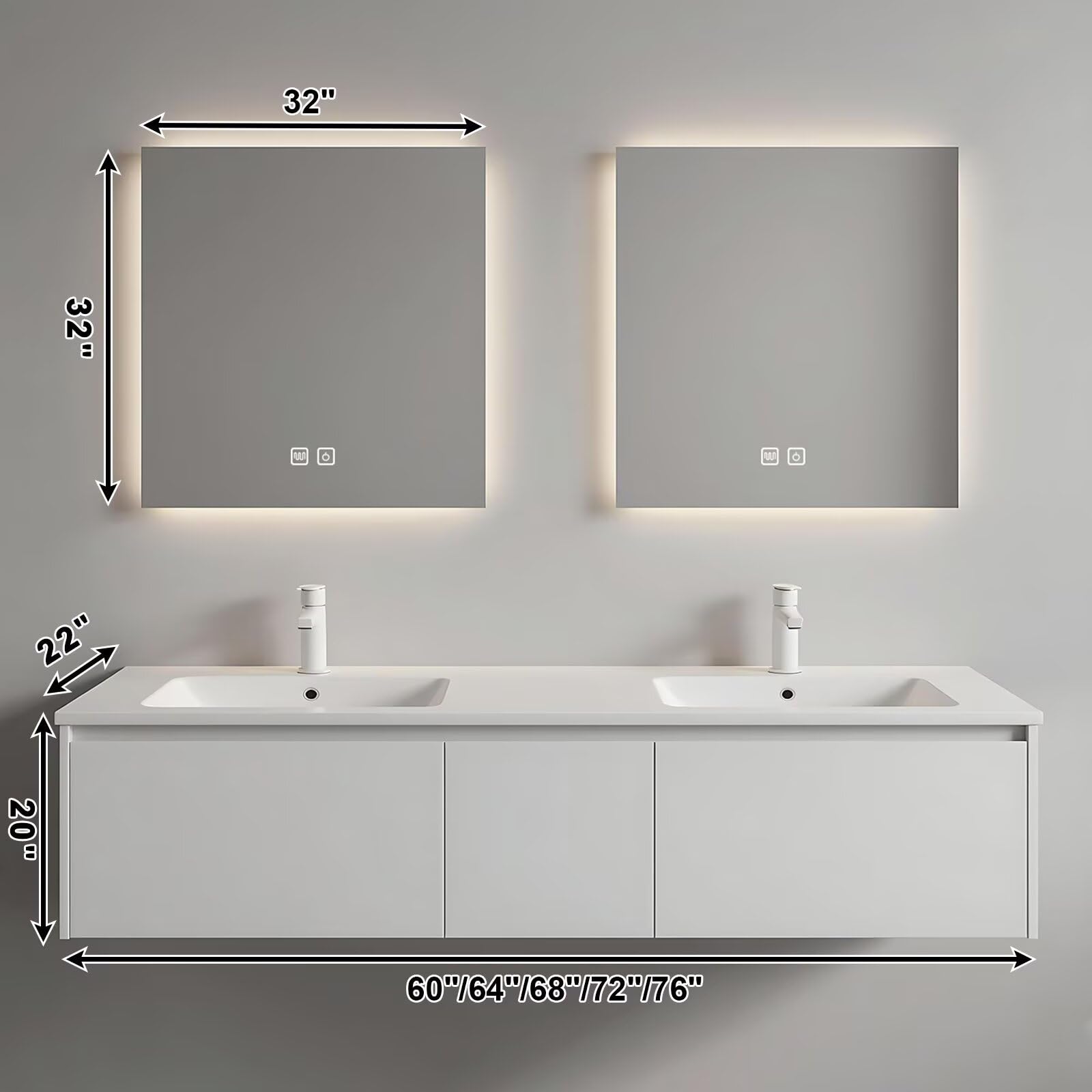 60”-84”Double Sink Floating Bathroom Vanity, White Modern Cabinet with Backlit LED Mirrors