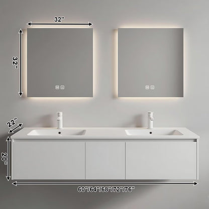 60”-84”Double Sink Floating Bathroom Vanity, White Modern Cabinet with Backlit LED Mirrors