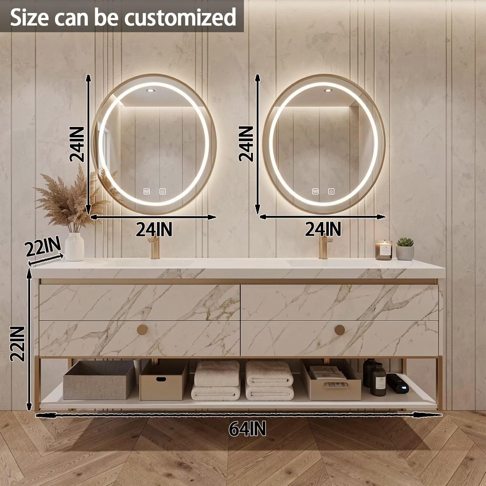 60"-84"Freestanding Marble Bathroom Vanity with Double Sinks & LED Round Mirrors