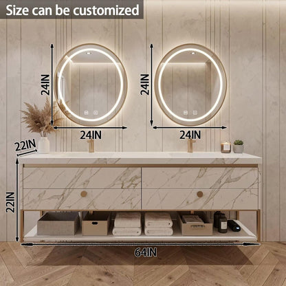 60"-84"Freestanding Marble Bathroom Vanity with Double Sinks & LED Round Mirrors