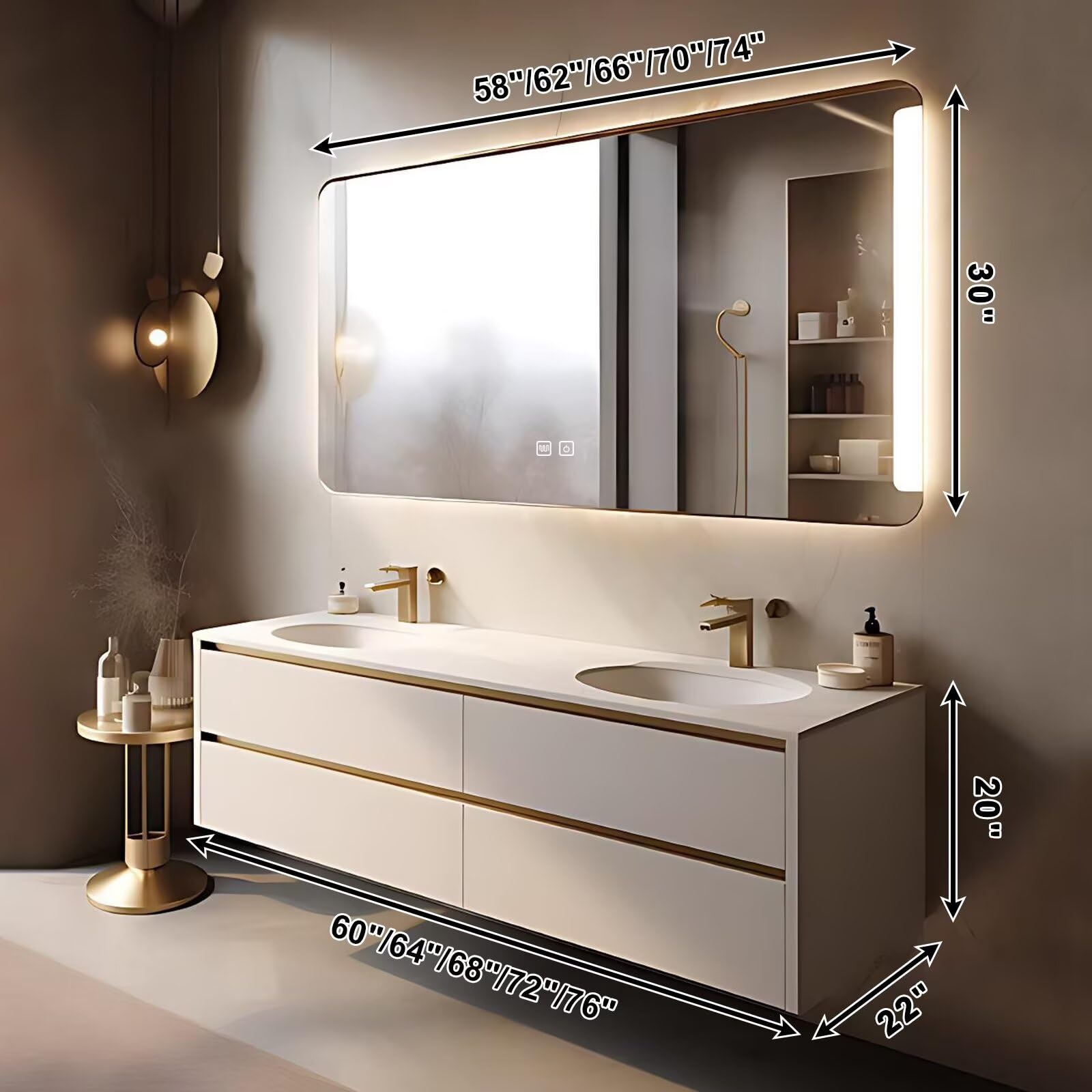 60”-84”Double Sink Floating Bathroom Vanity with LED Backlit Mirror, White Gold Cabinet