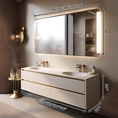 60”-84”Double Sink Floating Bathroom Vanity with LED Backlit Mirror, White Gold Cabinet