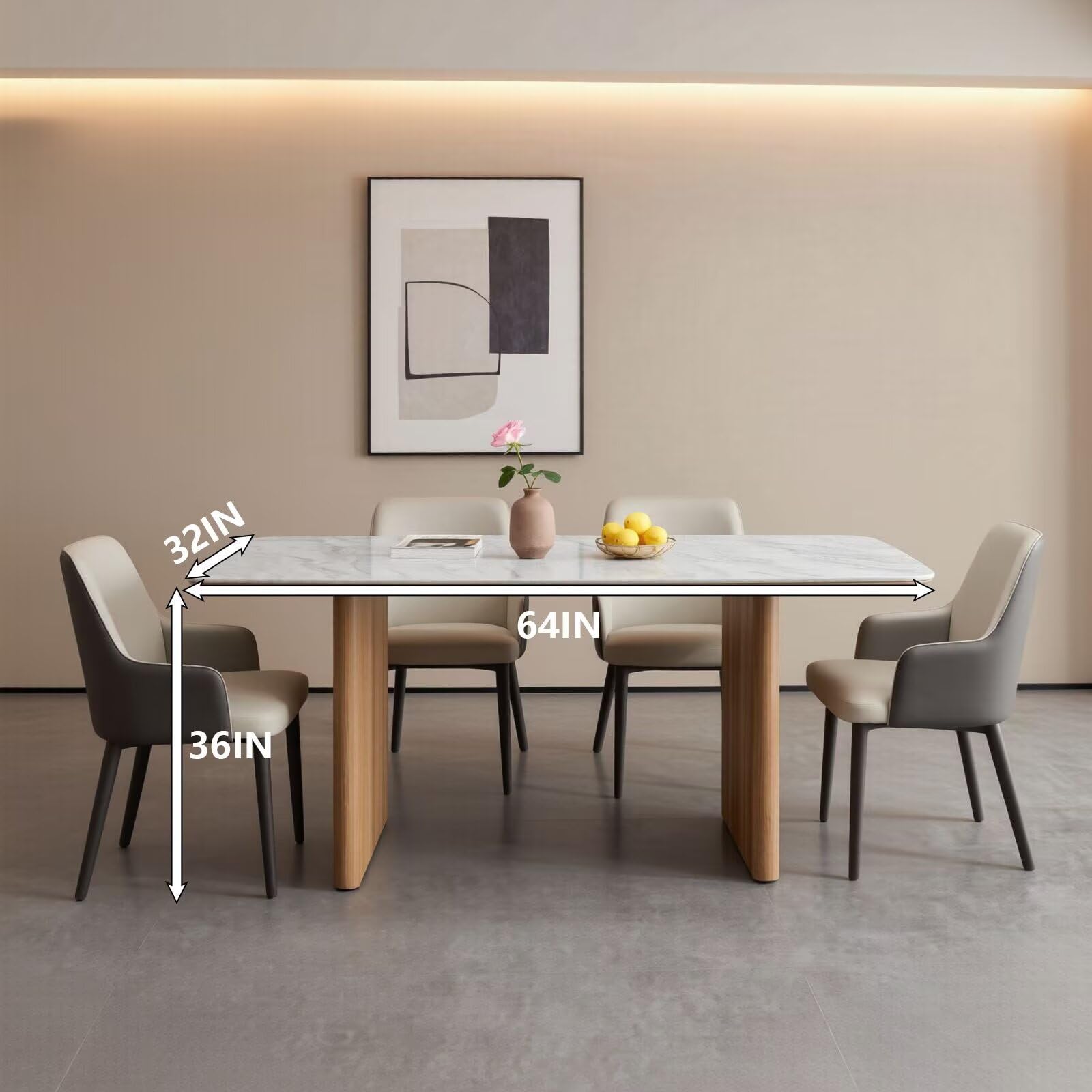 60"-80"Modern White Marble Dining Table Set with 4 Upholstered Chairs, Wood Legs