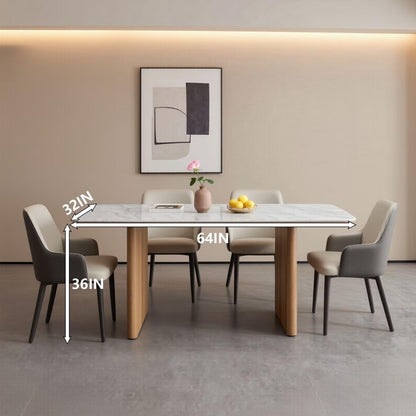 60"-80"Modern White Marble Dining Table Set with 4 Upholstered Chairs, Wood Legs
