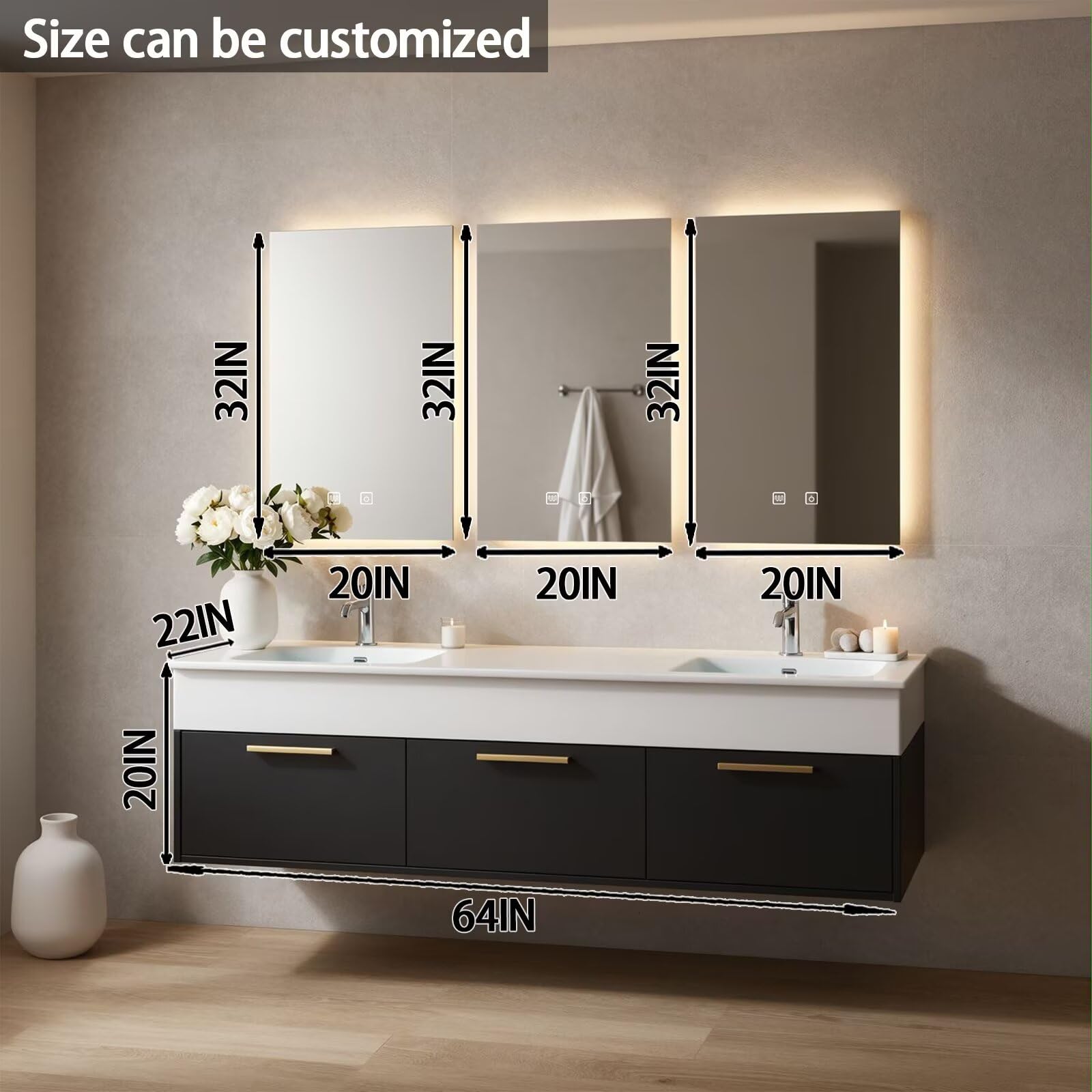 60”-84”Double Floating Vanity, Black Wood Cabinet with White Stone Counter & Gold Handles