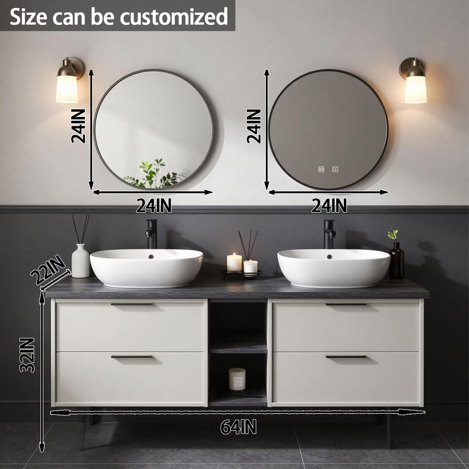 60"-84"Modern Bathroom Vanity Set with Two-Tone Cabinet & Dual Round Smart Mirrors